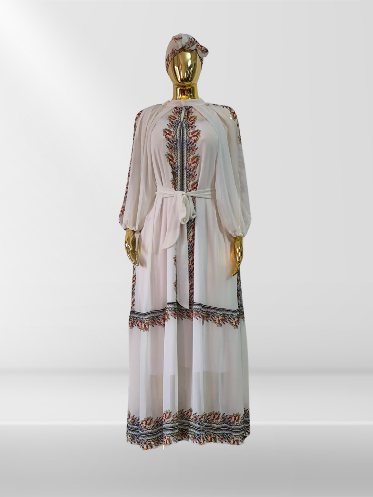 Magnifique robe avec ceinture, sous-robe et foulard assortis