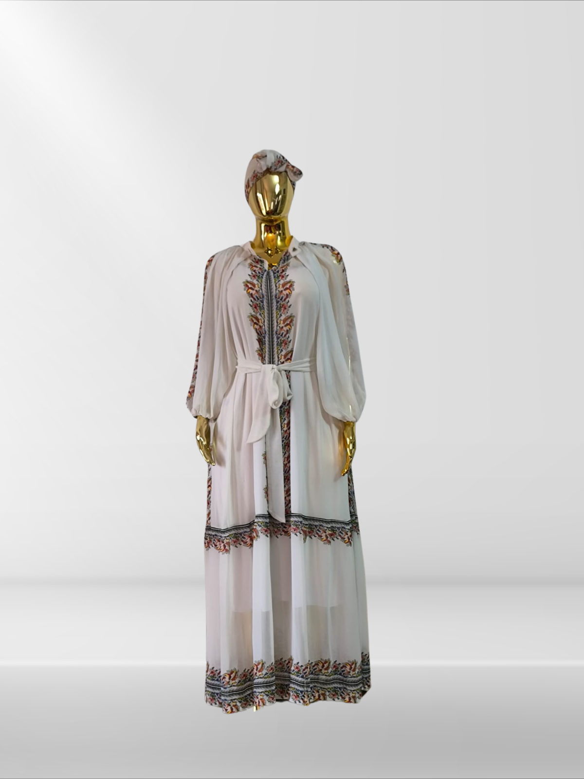 Magnifique robe avec ceinture, sous-robe et foulard assortis