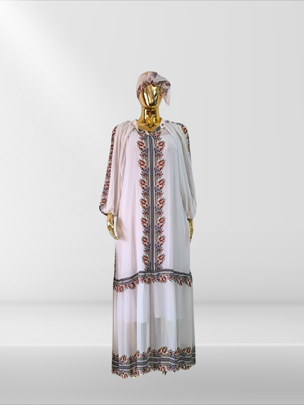 Magnifique robe avec ceinture, sous-robe et foulard assortis