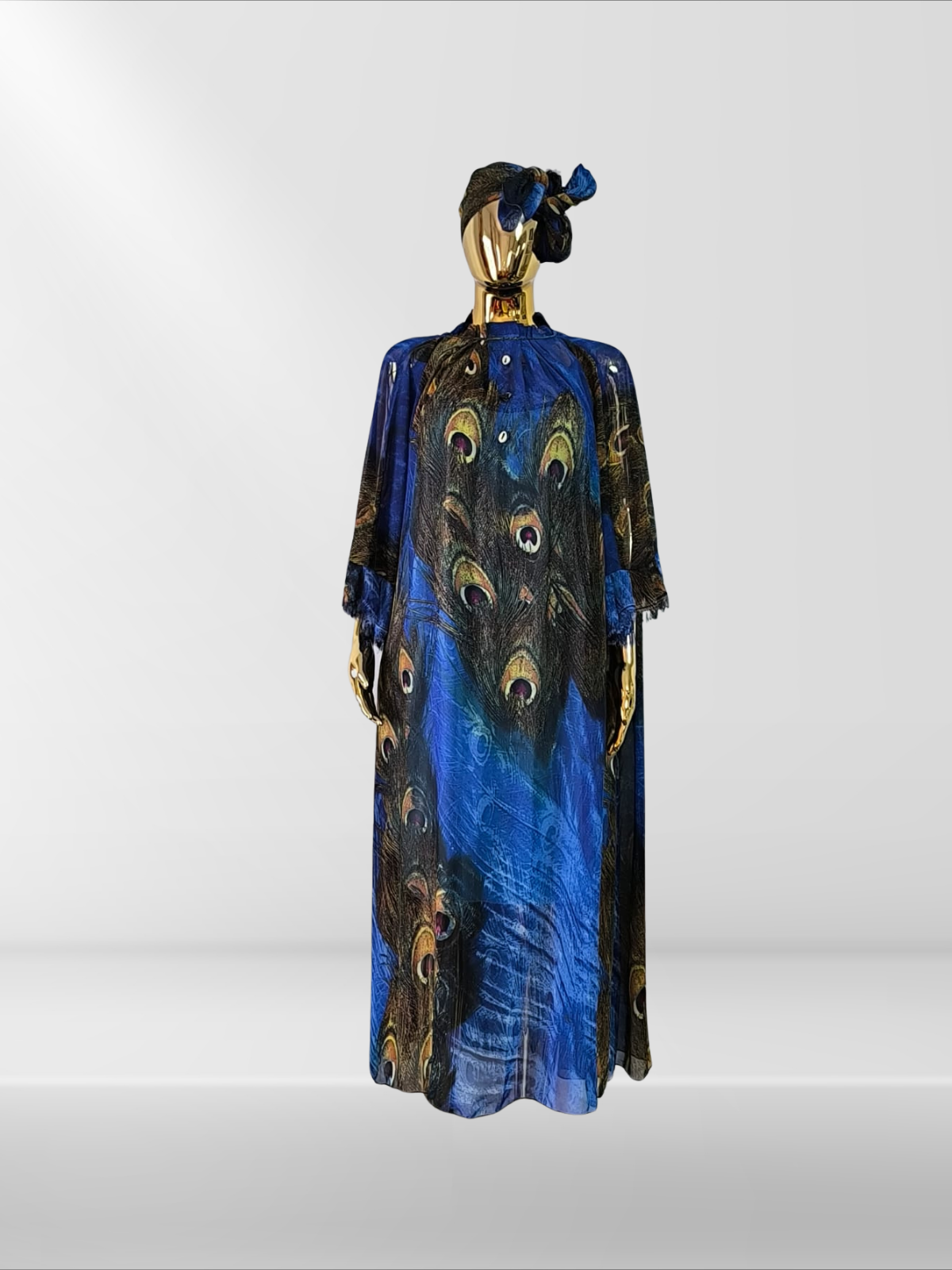 Magnifique robe à motifs paon avec sous-robe et foulard assortis