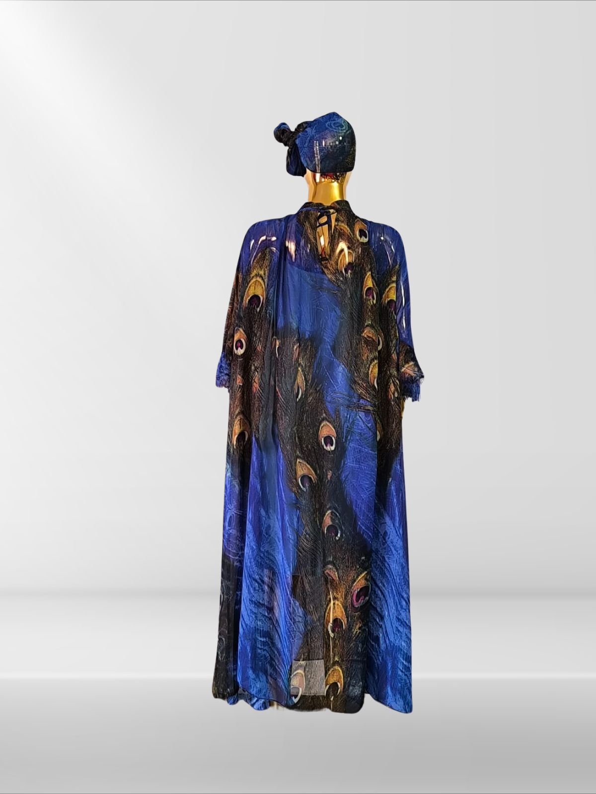 Magnifique robe à motifs paon avec sous-robe et foulard assortis