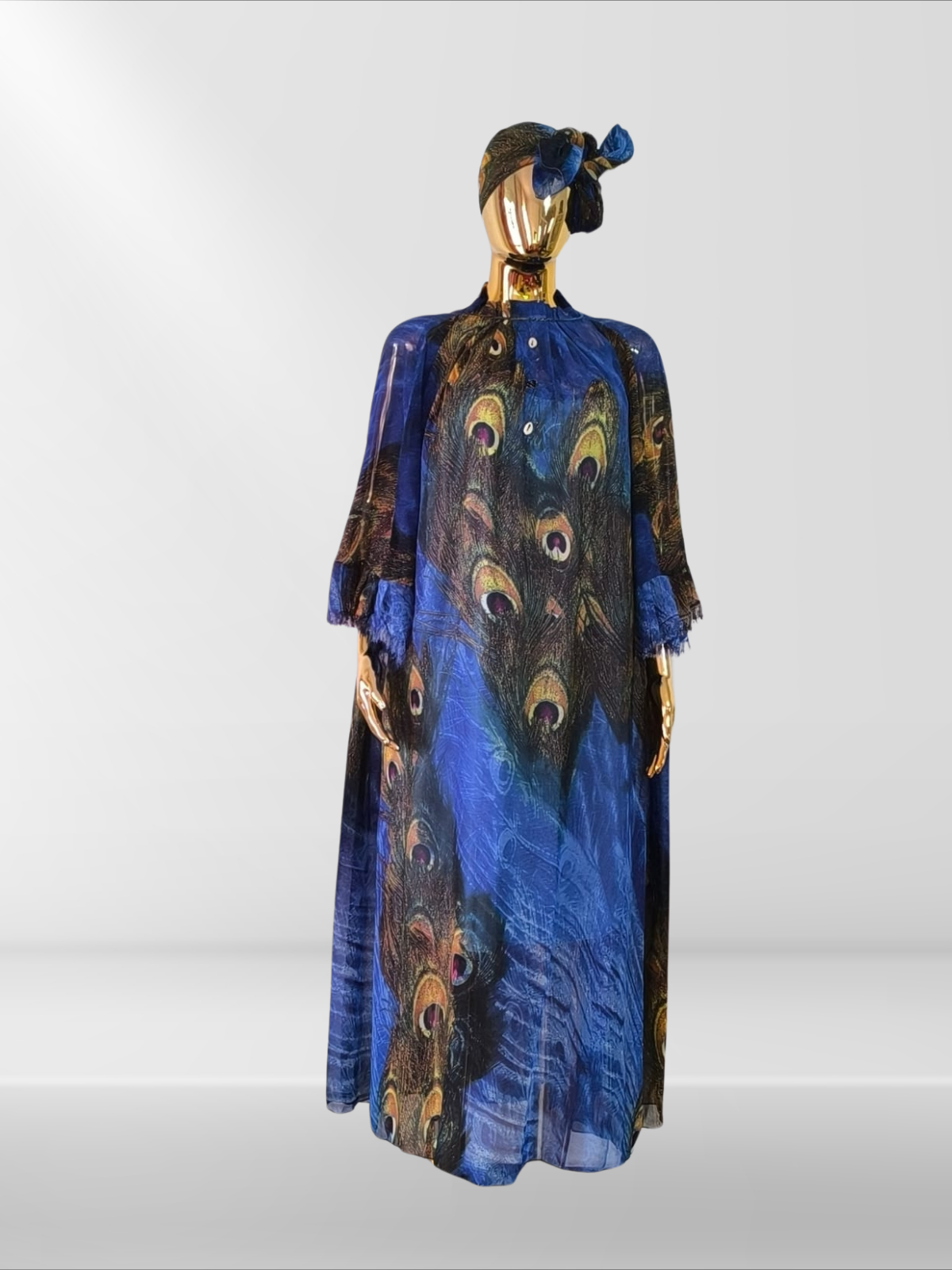 Magnifique robe à motifs paon avec sous-robe et foulard assortis