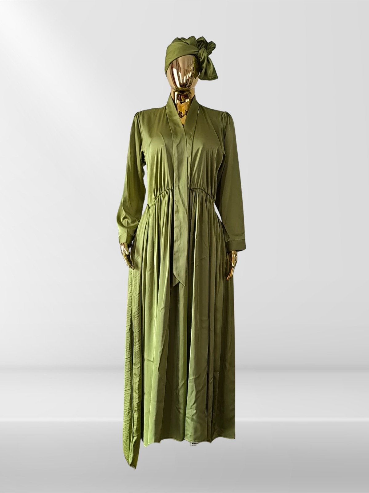 Magnifique robe en soie verte avec foulard assorti