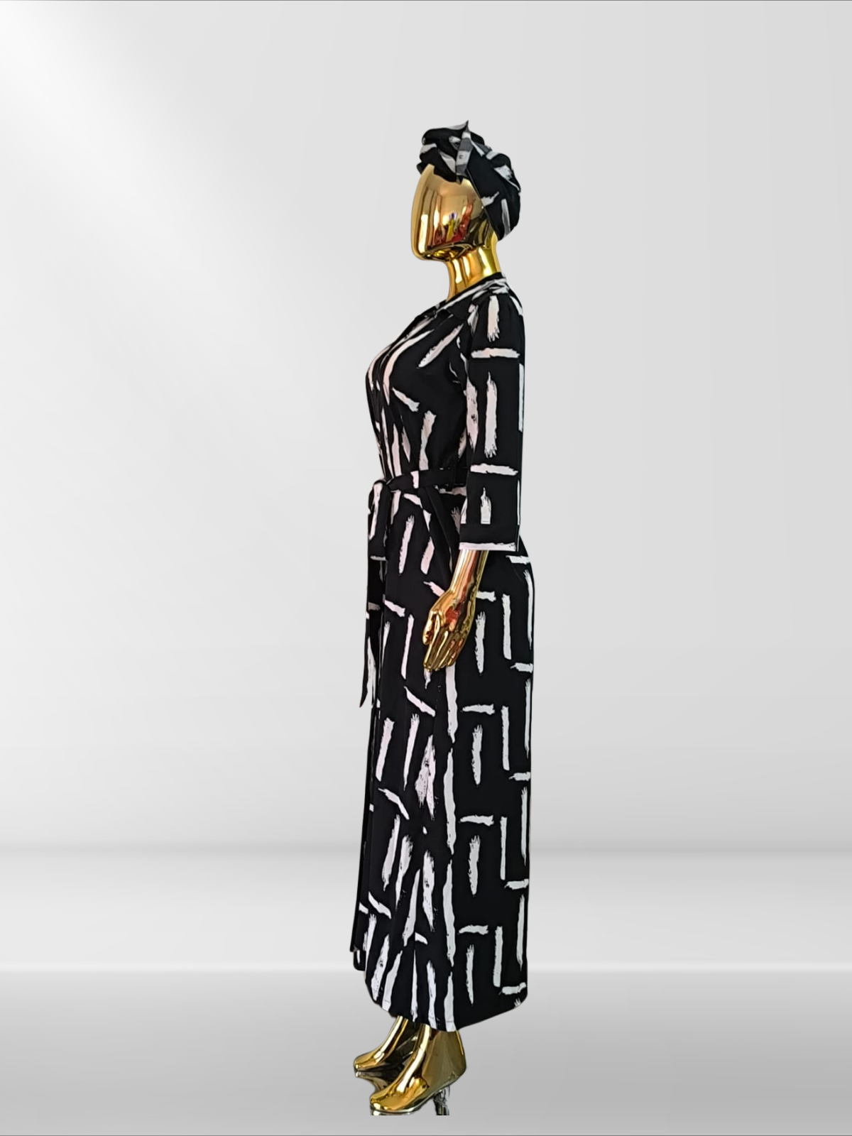 Longue robe chemise à motif géométrique avec foulard assorti