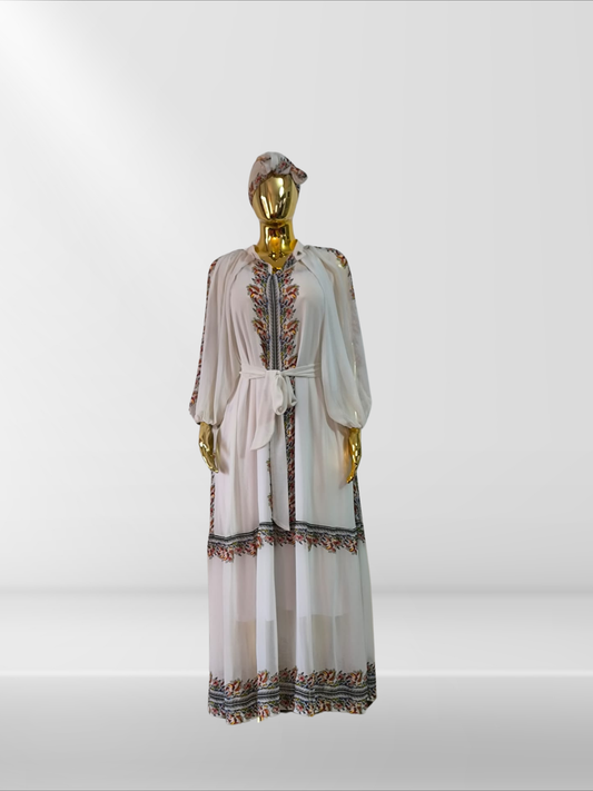 Magnifique robe avec ceinture, sous-robe et foulard assortis
