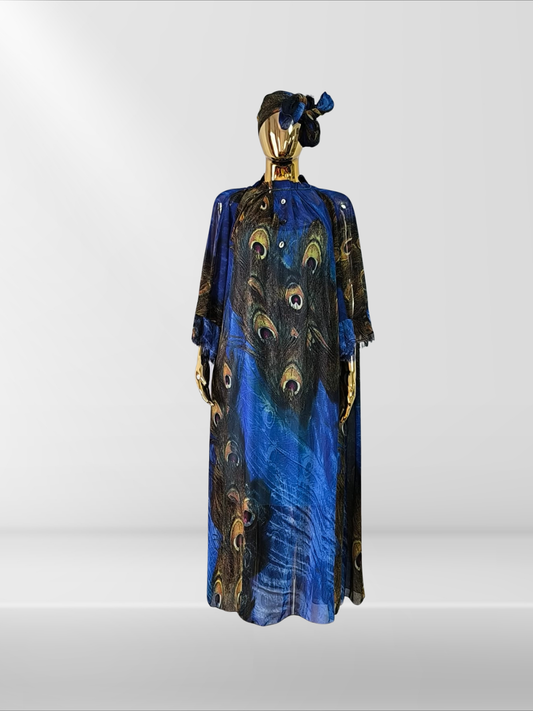 Magnifique robe à motifs paon avec sous-robe et foulard assortis