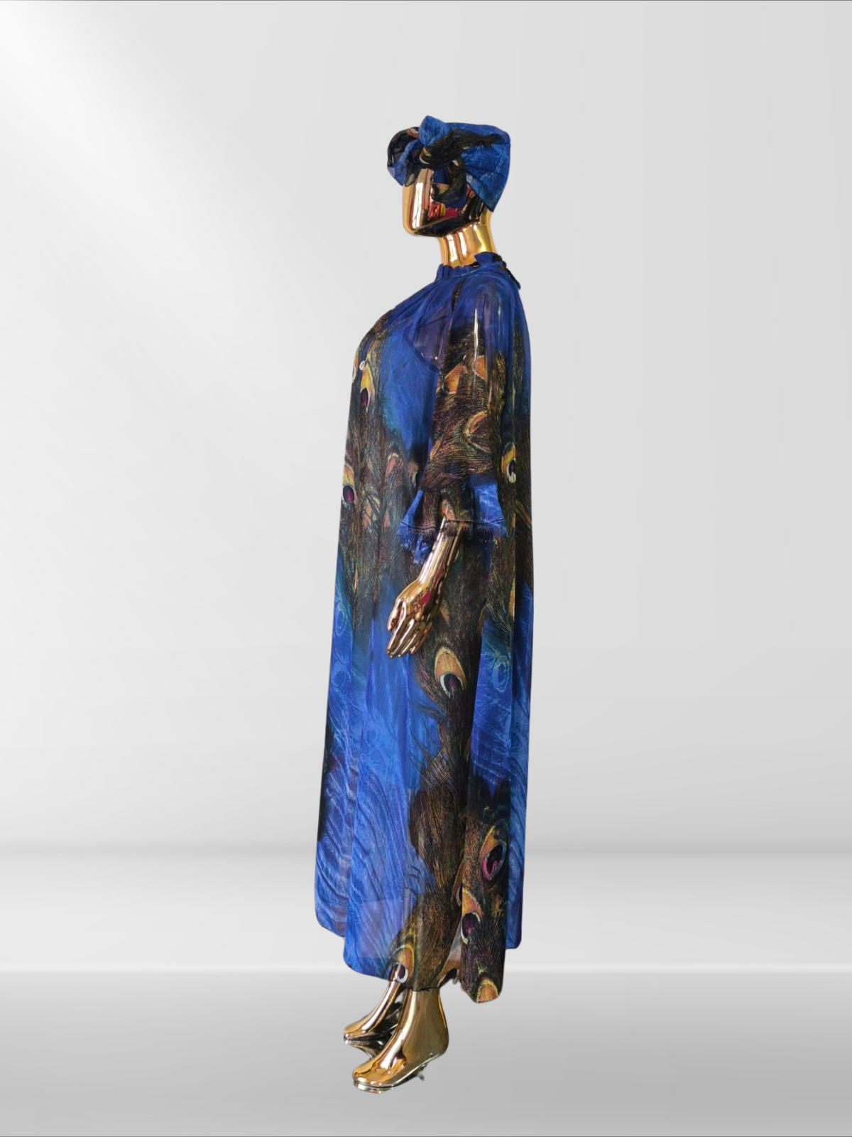 Magnifique robe à motifs paon avec sous-robe et foulard assortis