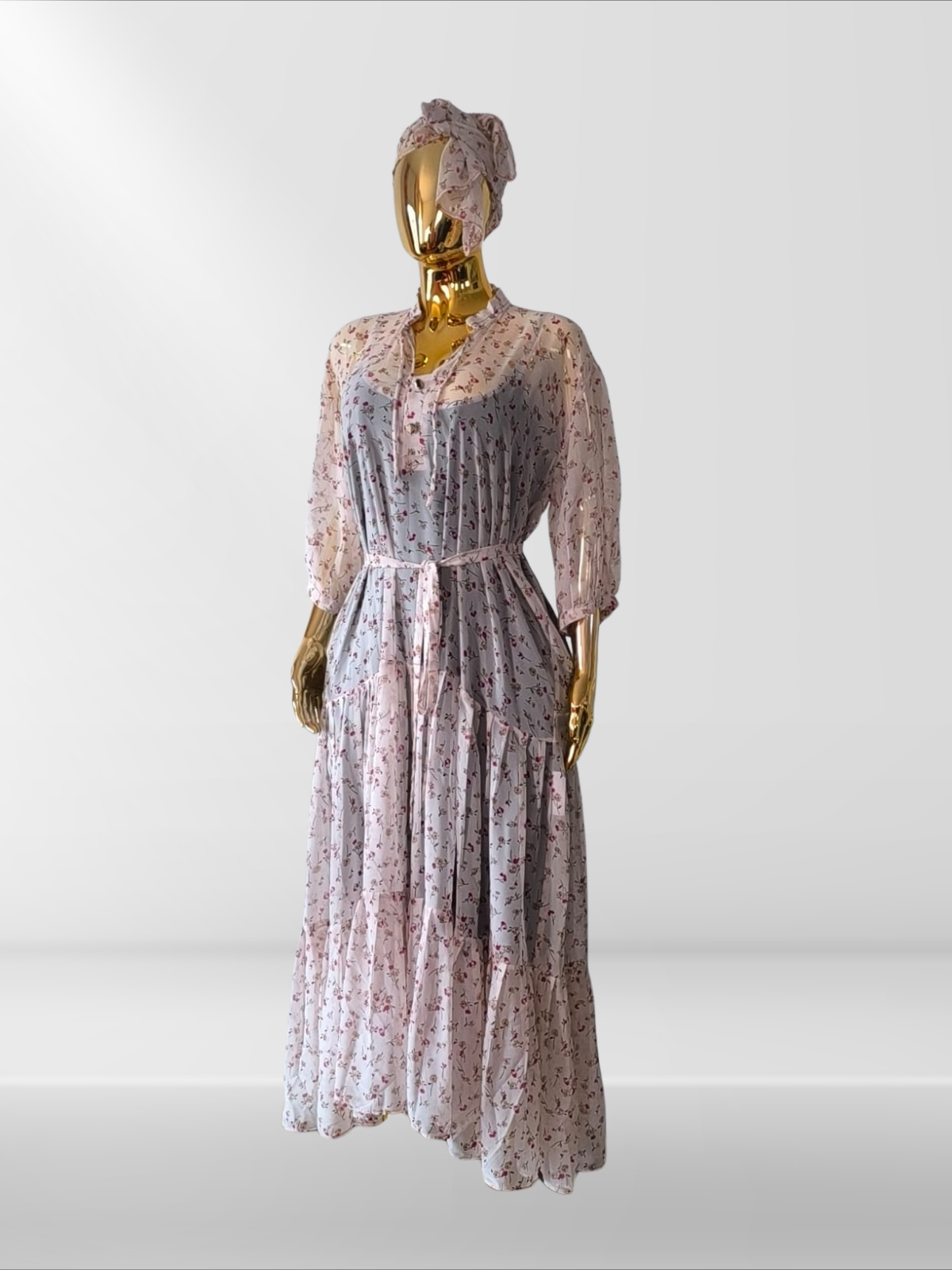 Magnifique robe mousseline avec sous-robe, ceinture et foulard assortis