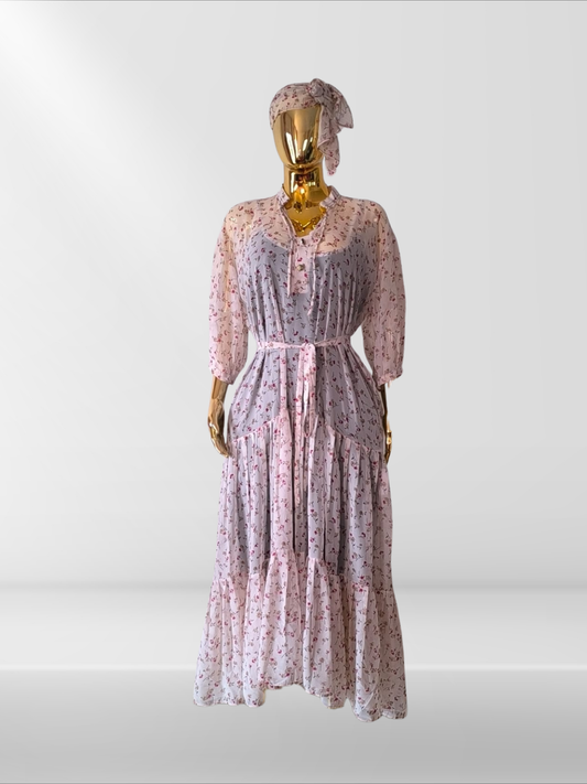 Magnifique robe mousseline avec sous-robe, ceinture et foulard assortis