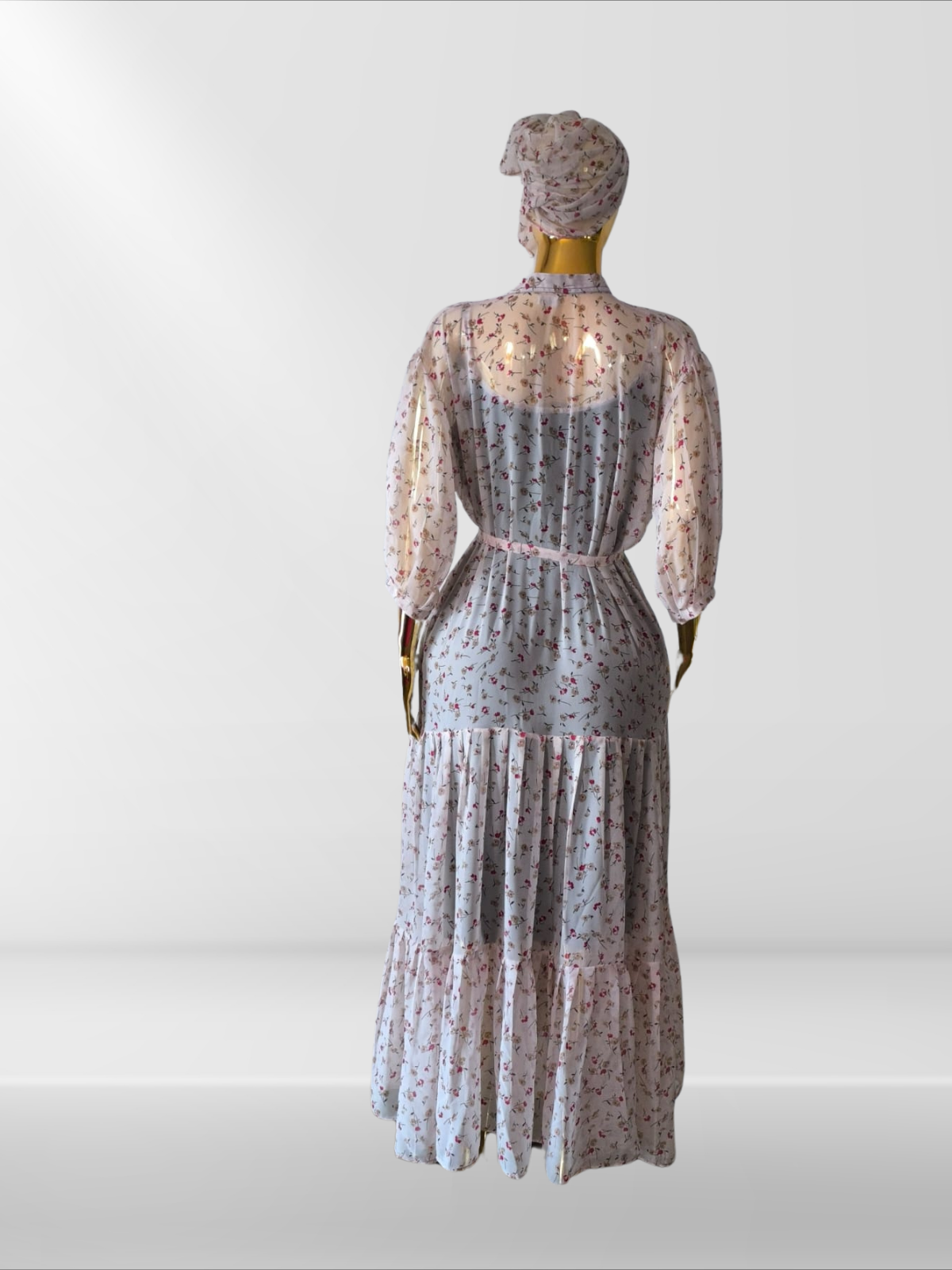 Magnifique robe mousseline avec sous-robe, ceinture et foulard assortis