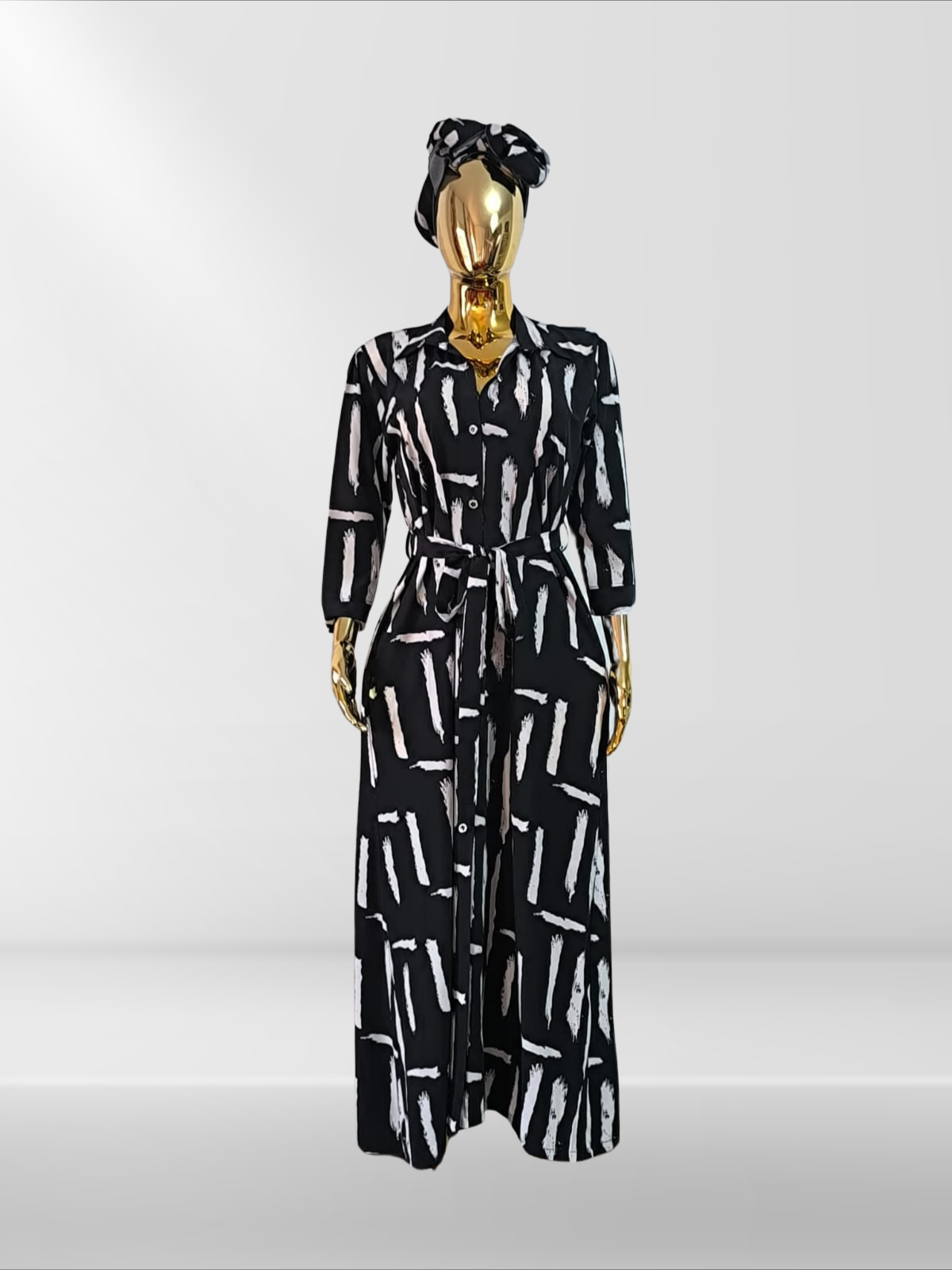 Longue robe chemise à motif géométrique avec foulard assorti