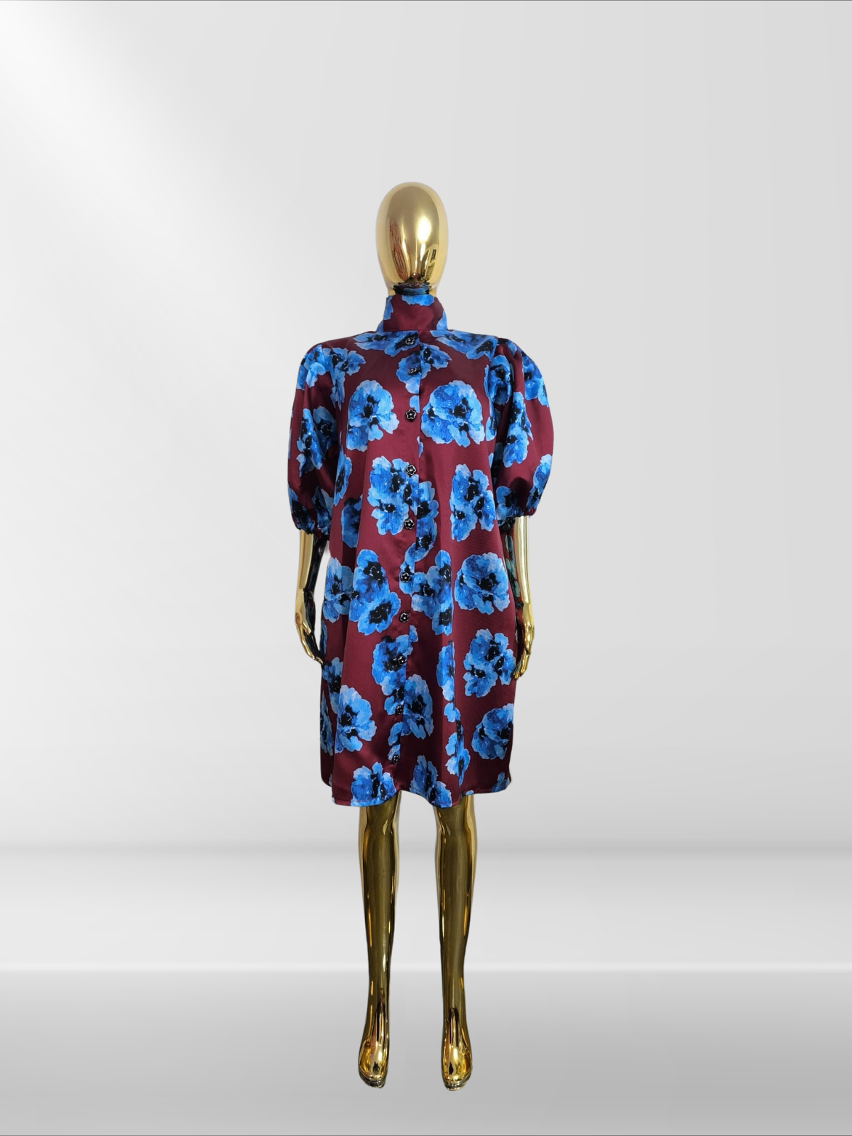 Robe Manche Bouffante motif fleur bleue