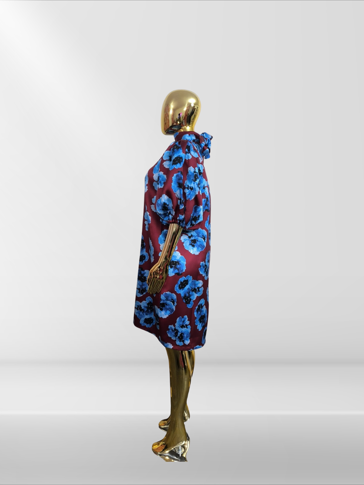 Robe Manche Bouffante motif fleur bleue