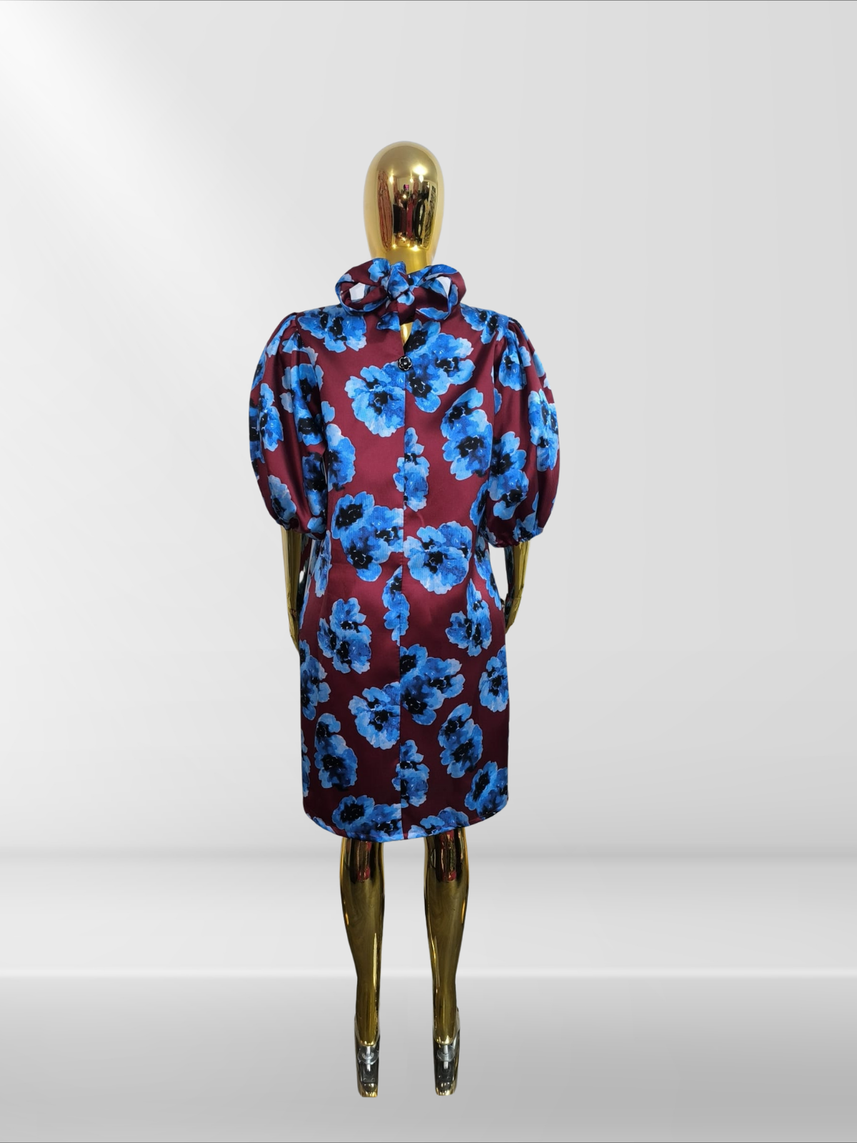 Robe Manche Bouffante motif fleur bleue