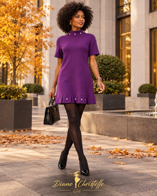 Robe violette courte portée en extérieur, col montant et bas plissé